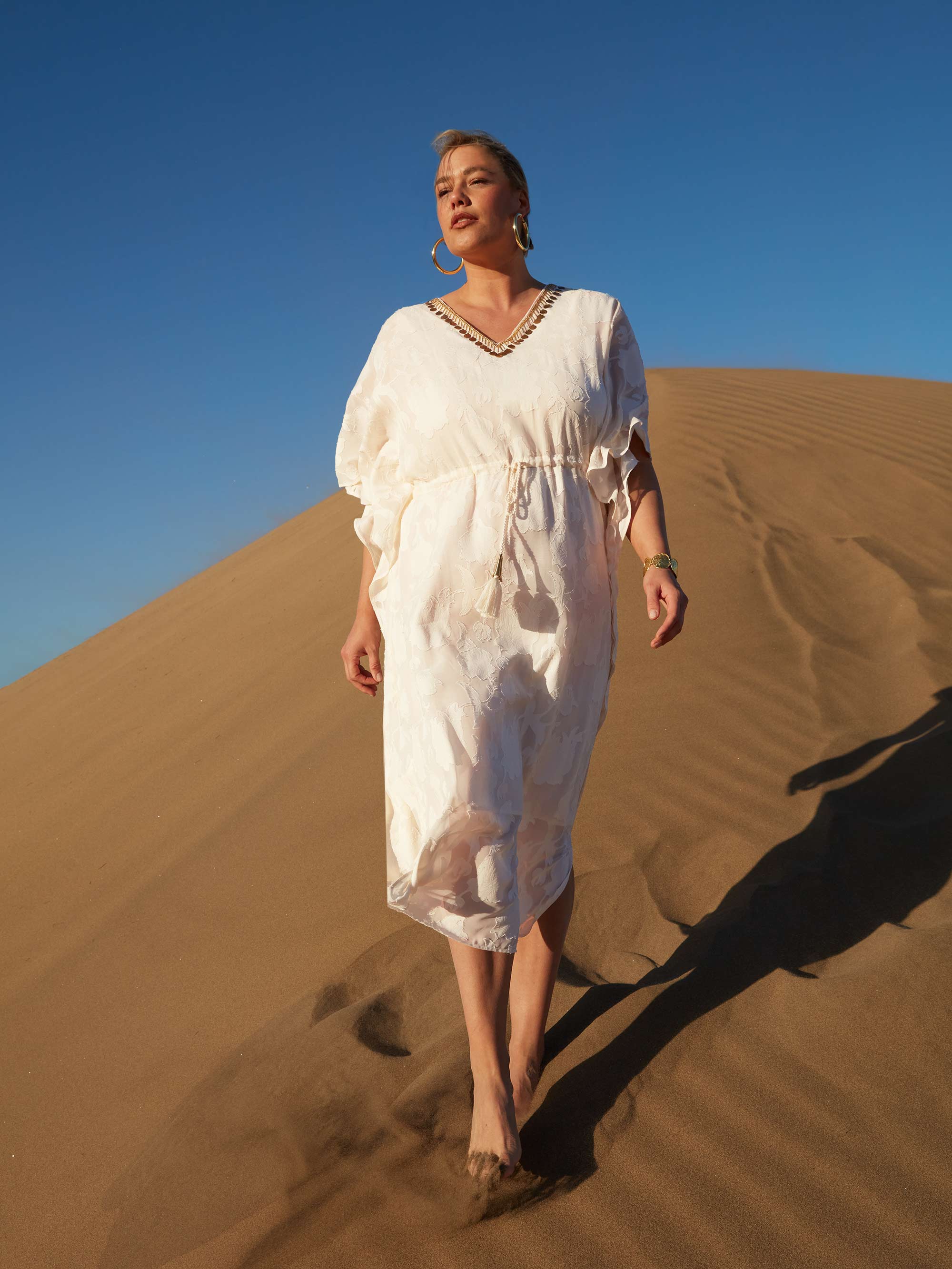 Nude Beaded Jacquard Kaftan Maxi Dress