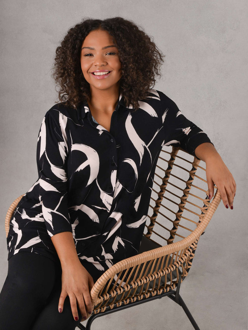 Black & White Brushstroke Print 3/4 Length Sleeve Jersey Shirt