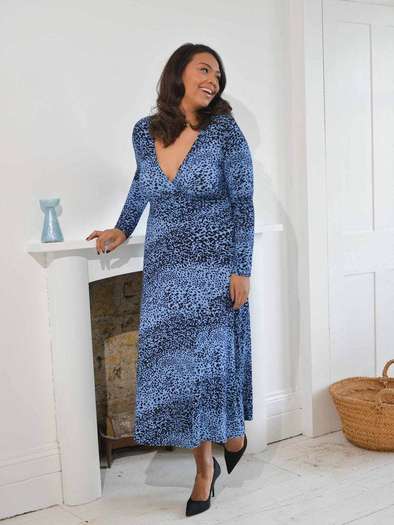 Blue Animal Print Jersey Wrap Dress
