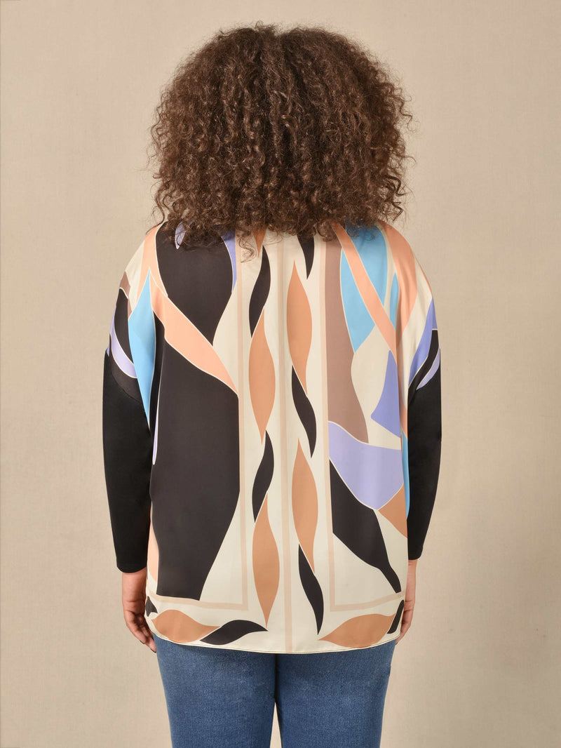 Multi Scarf Print Satin & Jersey Contrast Top