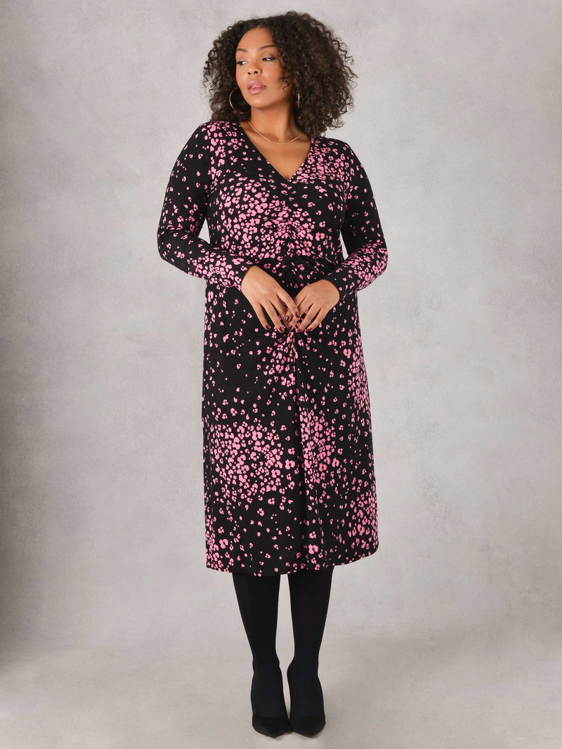 Pink Animal Print Ruched Jersey Midi Dress