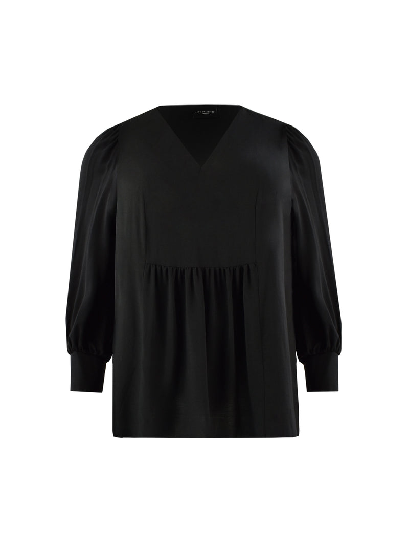 Black Crinkled V Neck Smock Top