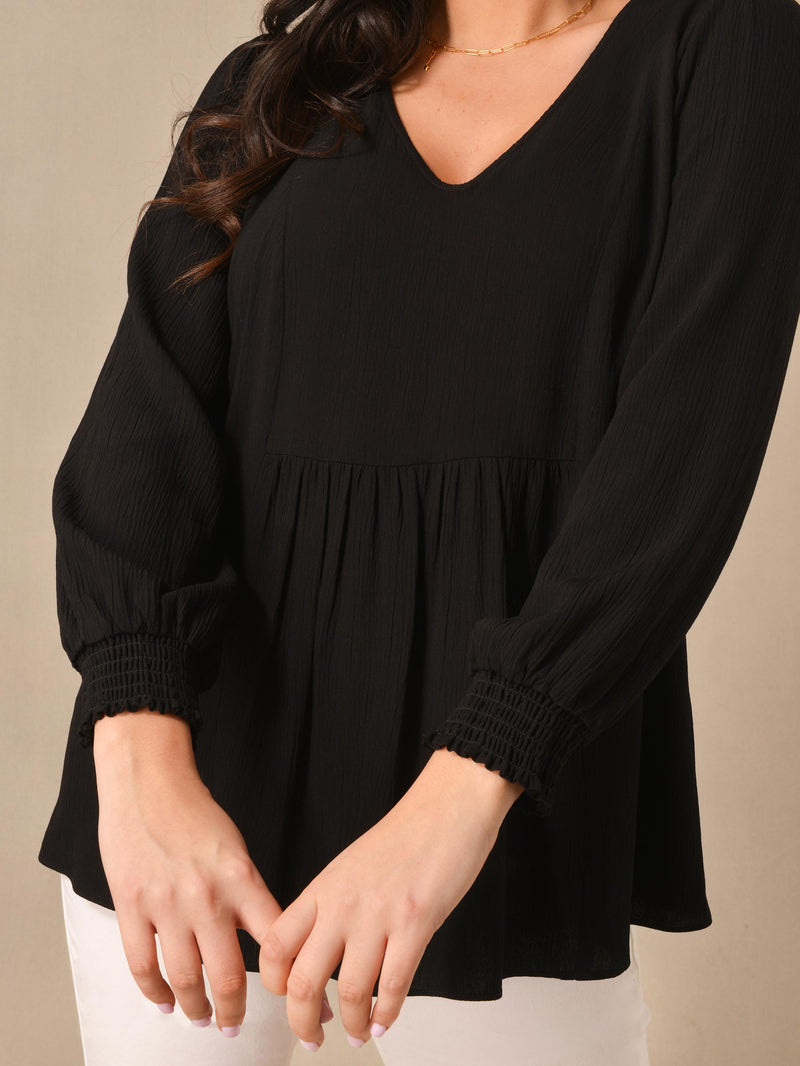 Black Crinkled V Neck Smock Top