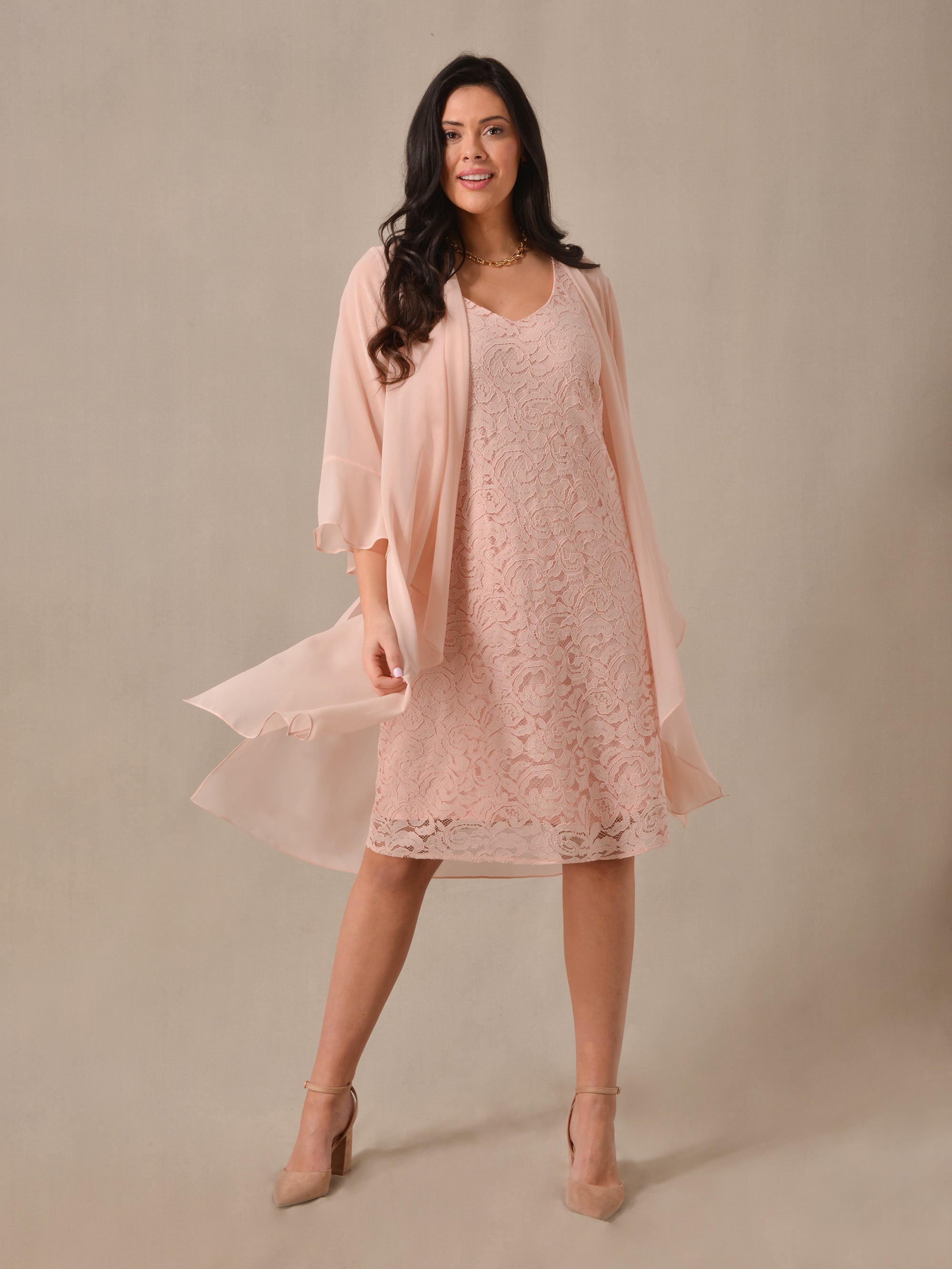 Blush Corded Lace Dress With Waterfall Jacket Blush Corded Lace Dress With Waterfall Jacket