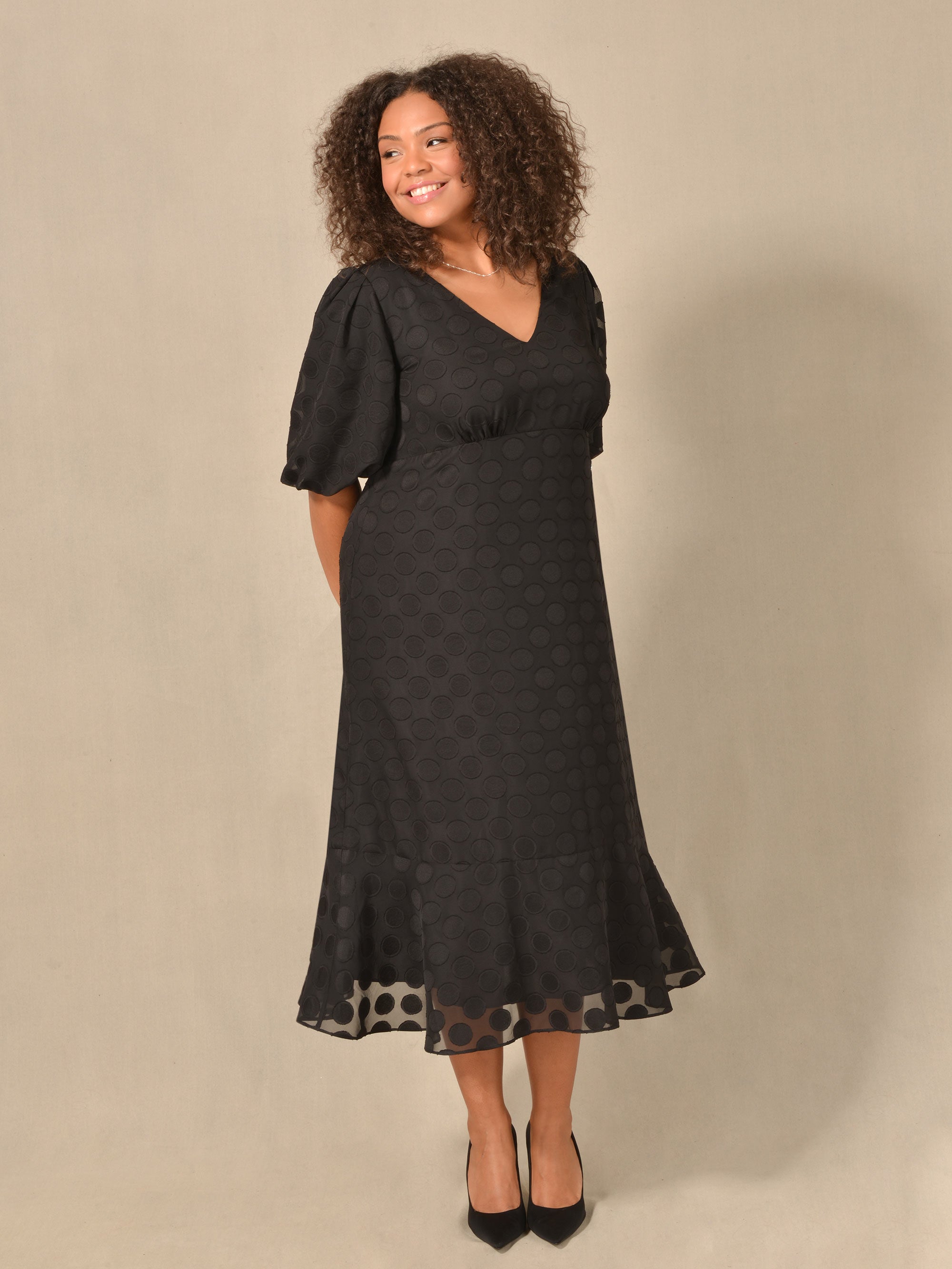 Black Chiffon Burnout Spot Short Sleeve Midi Dress