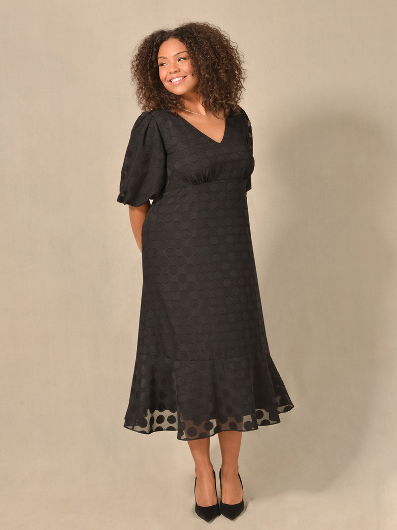 Black Chiffon Burnout Spot Short Sleeve Midi Dress