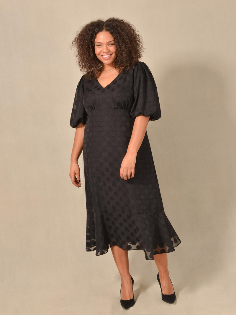 Black Chiffon Burnout Spot Short Sleeve Midi Dress