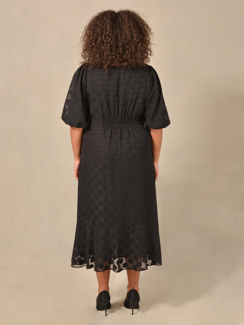 Black Chiffon Burnout Spot Short Sleeve Midi Dress