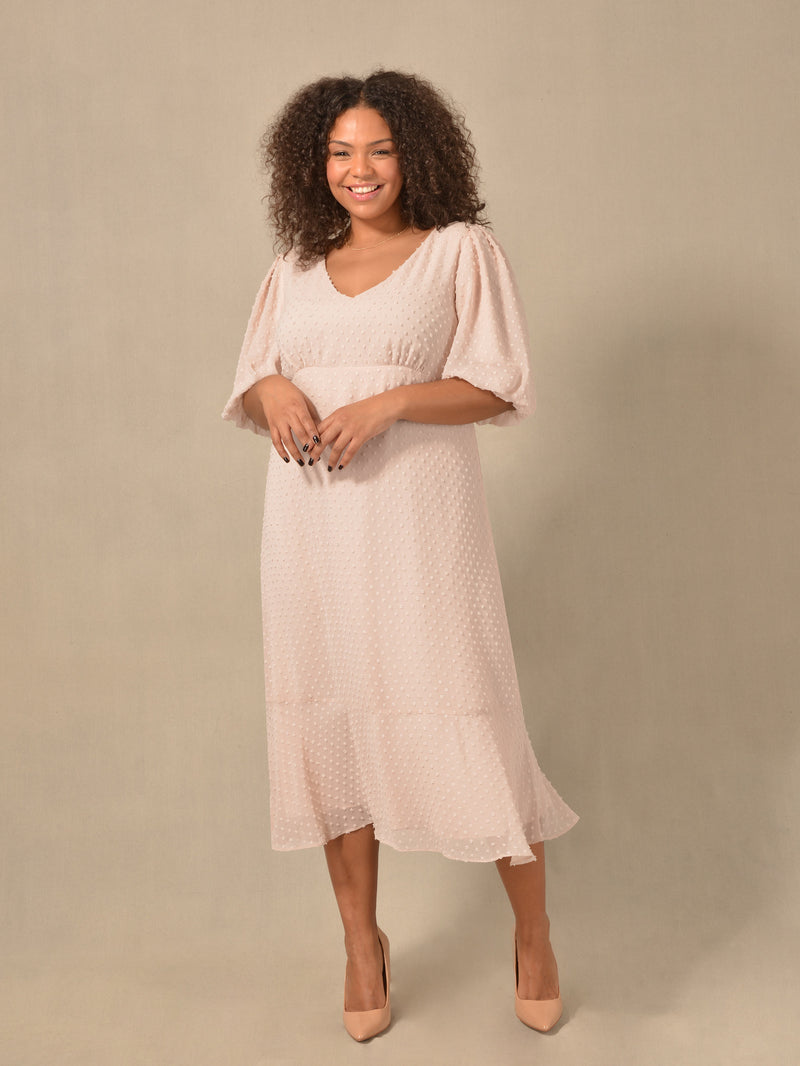 Pink Dobby Texture Short Sleeve Midi Dress