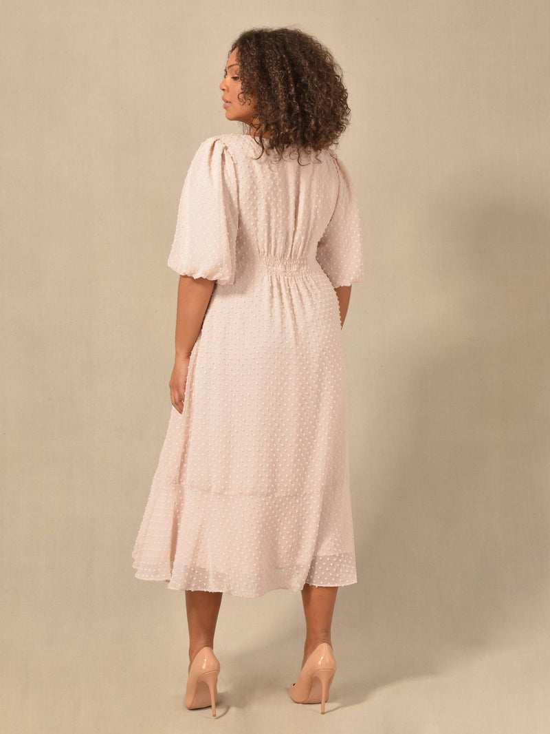 Pink Dobby Texture Short Sleeve Midi Dress