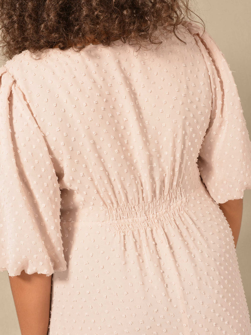 Pink Dobby Texture Short Sleeve Midi Dress