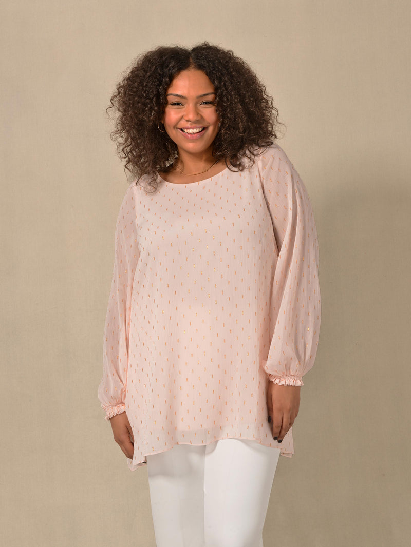 Blush Shimmer Chiffon Blouse With Shirred Cuffs