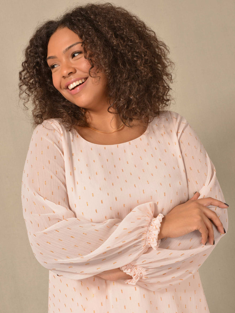 Blush Shimmer Chiffon Blouse With Shirred Cuffs