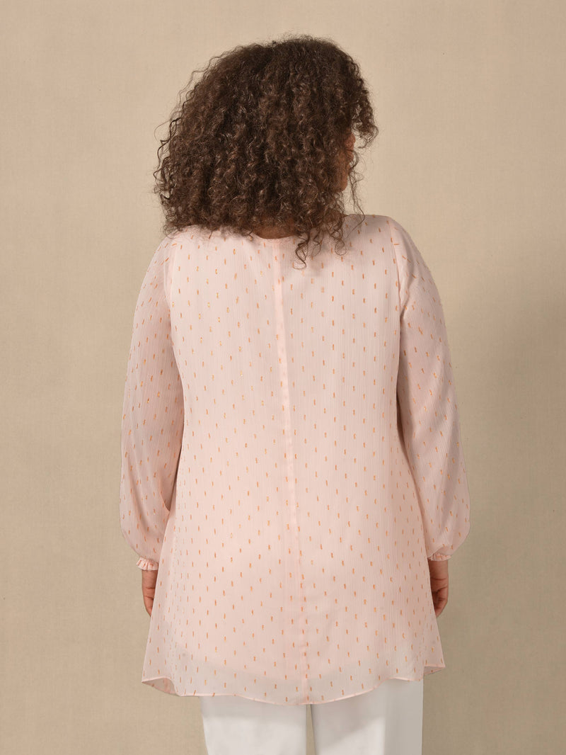 Blush Shimmer Chiffon Blouse With Shirred Cuffs