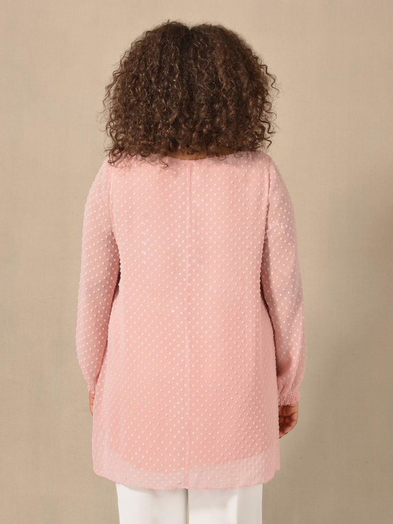Pink Dobby Chiffon Blouse With Shirred Cuffs