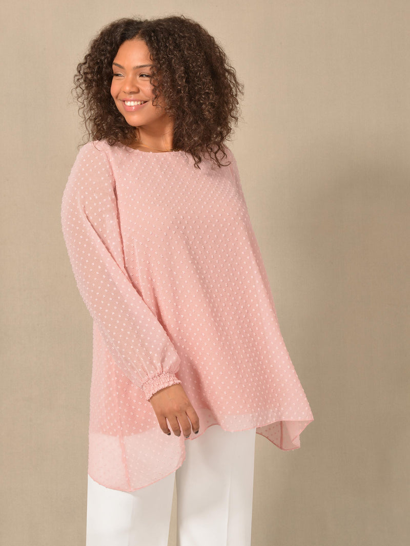 Pink Dobby Chiffon Blouse With Shirred Cuffs