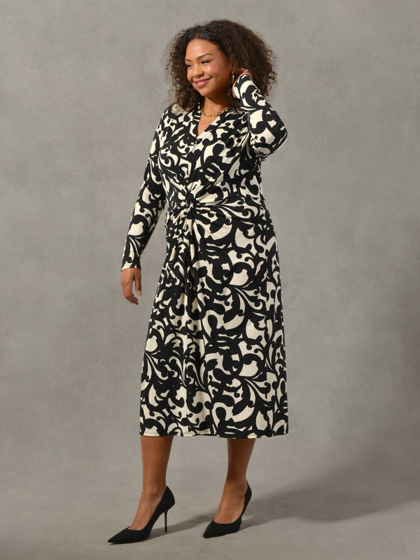Black & Blush Twist Front Midi Jersey Shirt Dress