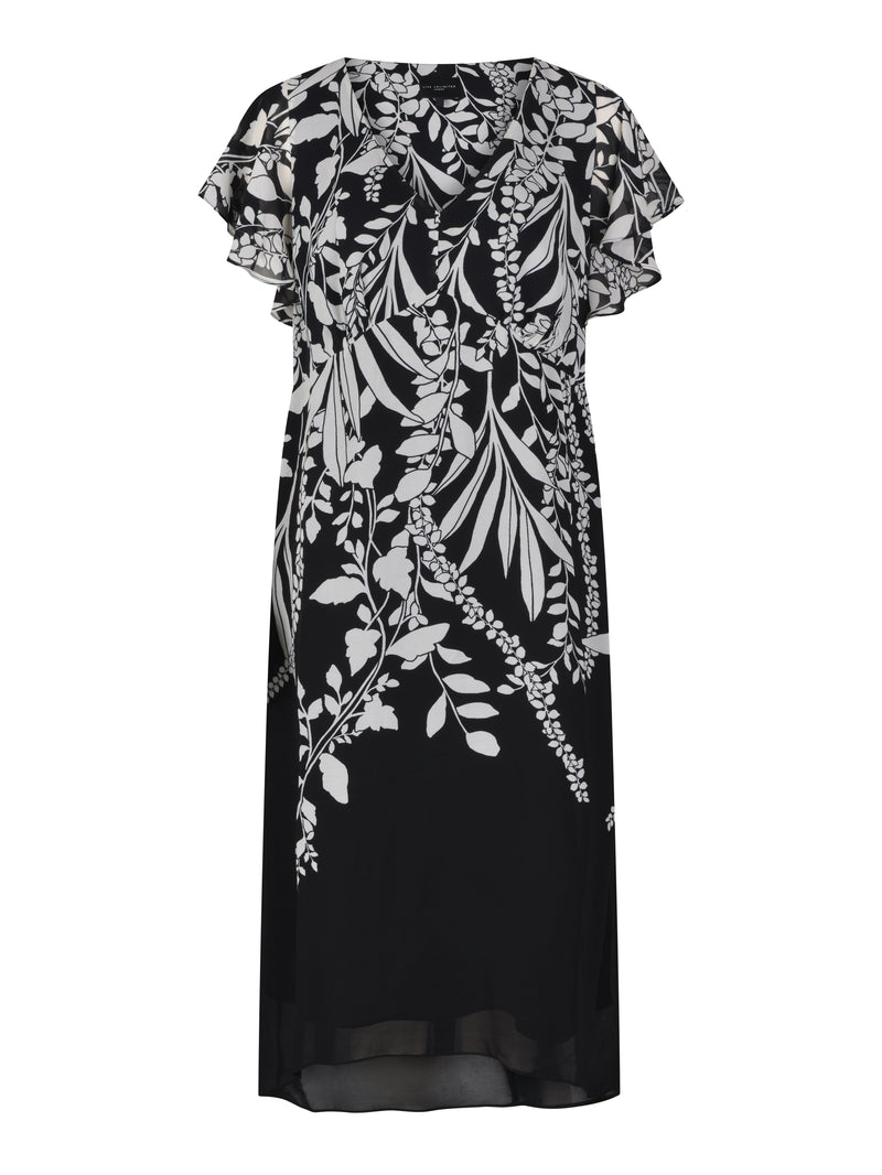 Black & Cream Floral Placement Angel Sleeve Dress