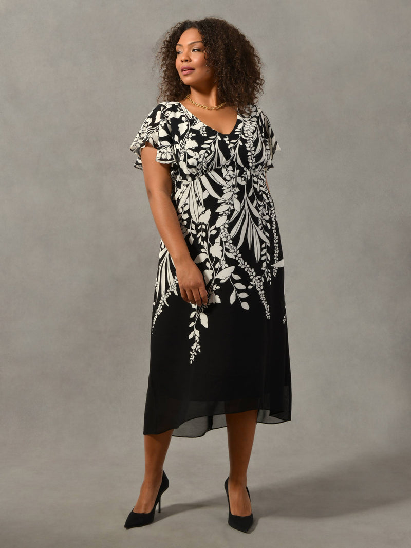 Black & Cream Floral Placement Angel Sleeve Dress