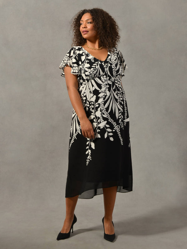 Black & Cream Floral Placement Angel Sleeve Dress