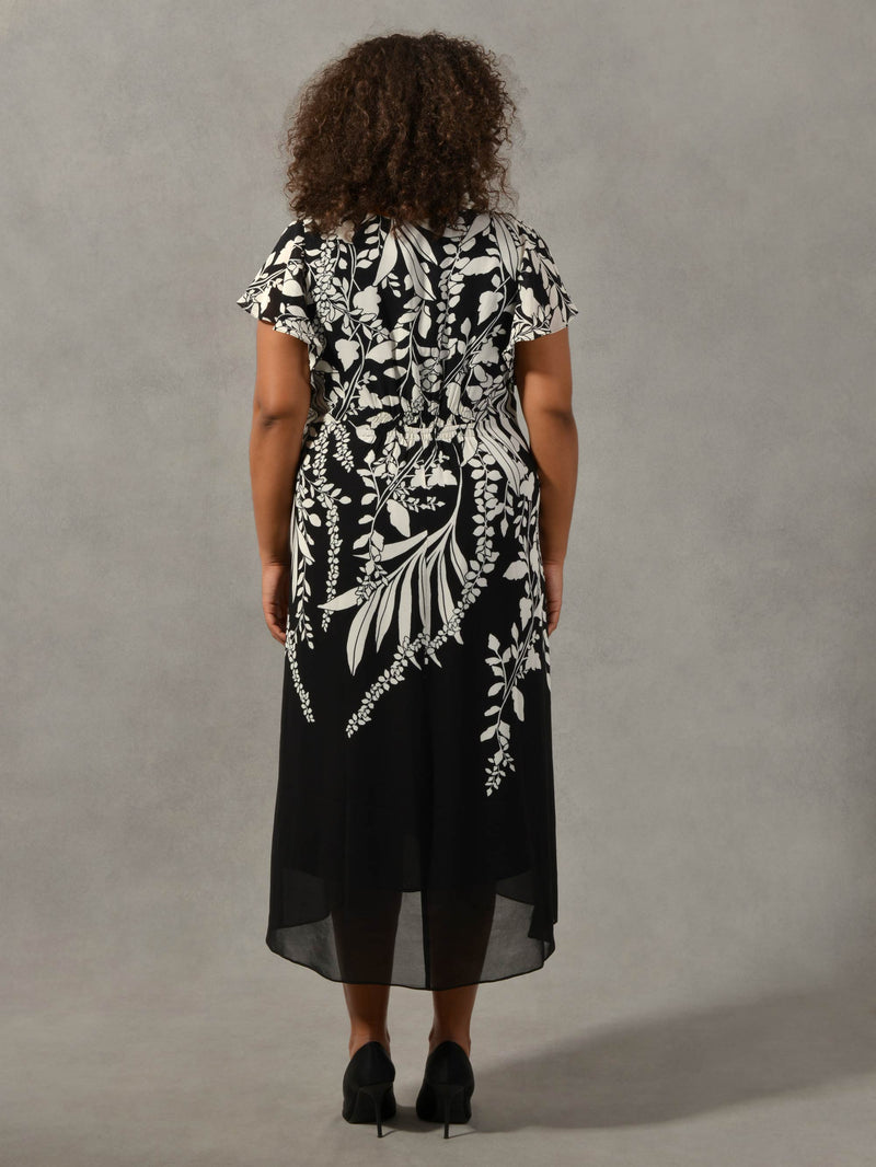 Black & Cream Floral Placement Angel Sleeve Dress