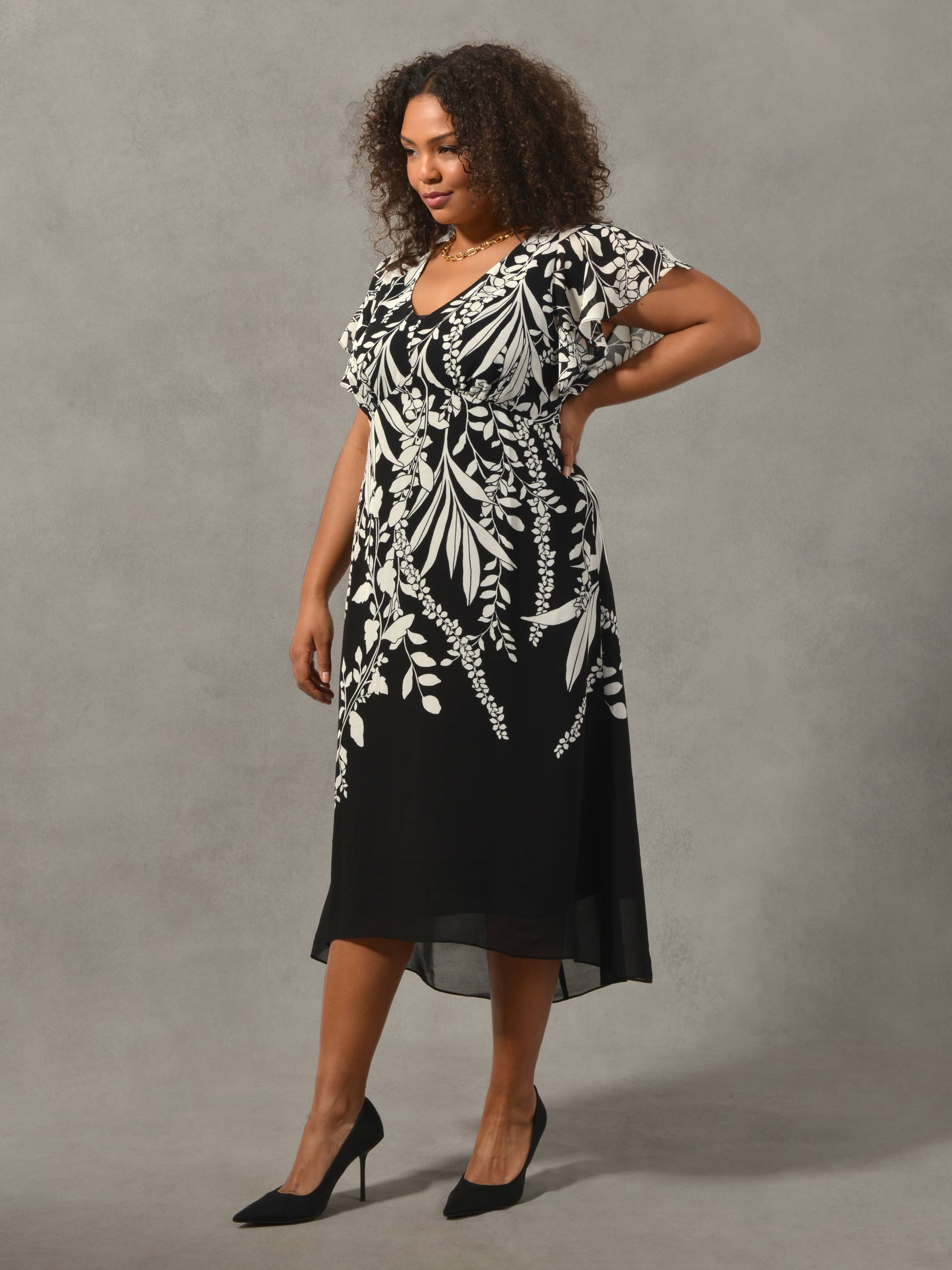 Black & Cream Floral Placement Angel Sleeve Dress