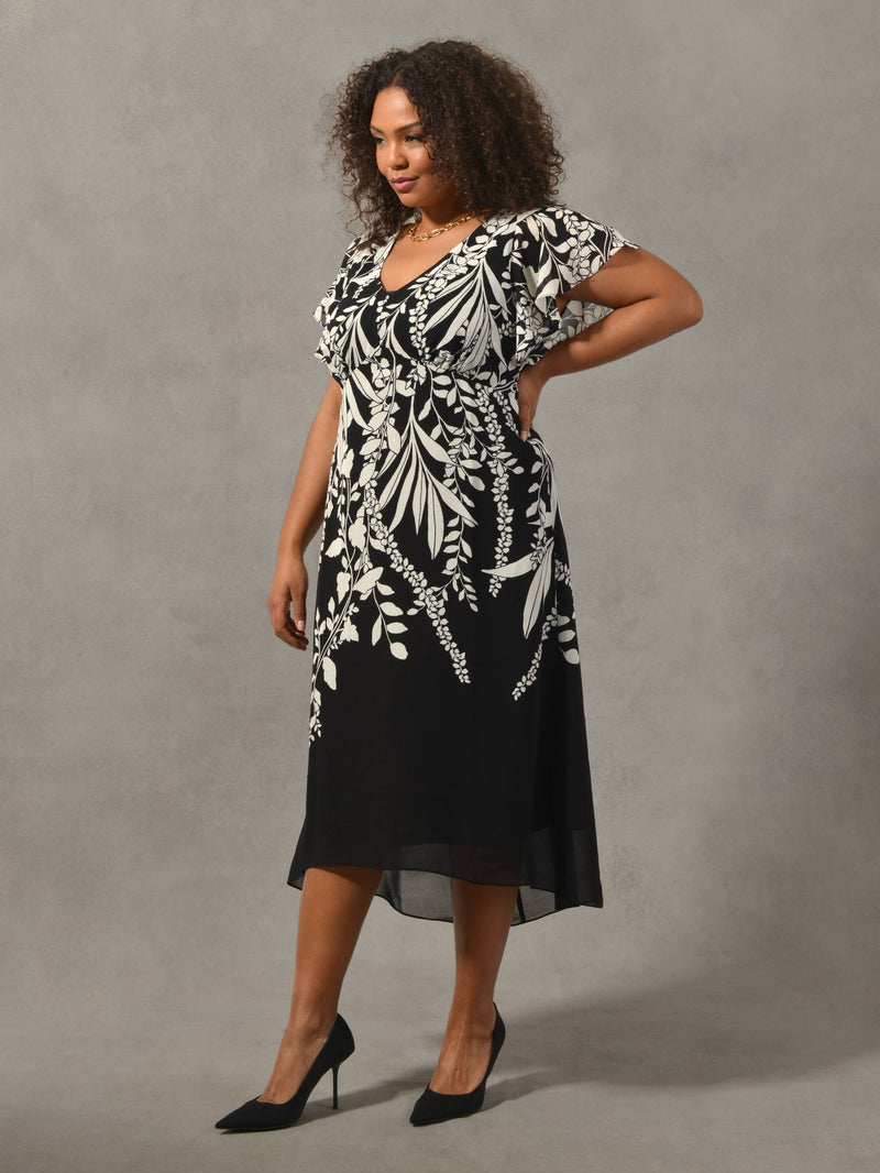 Black & Cream Floral Placement Angel Sleeve Dress - Plus Size Clothing Unlimited London
