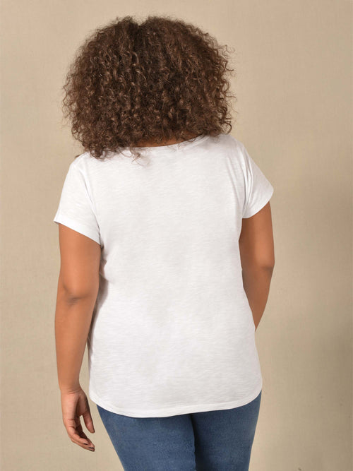 White Cotton Textured Scoop Neck Jersey T-Shirt