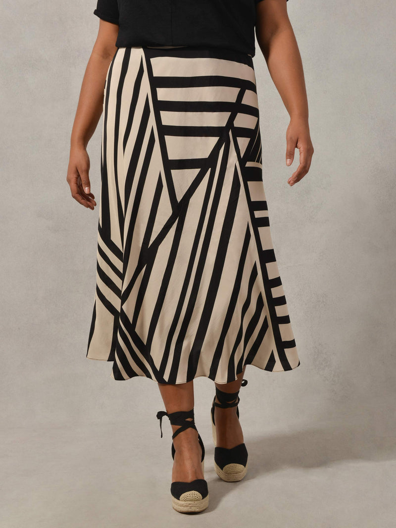 Black & Cream Stripe Bias Cut Skirt