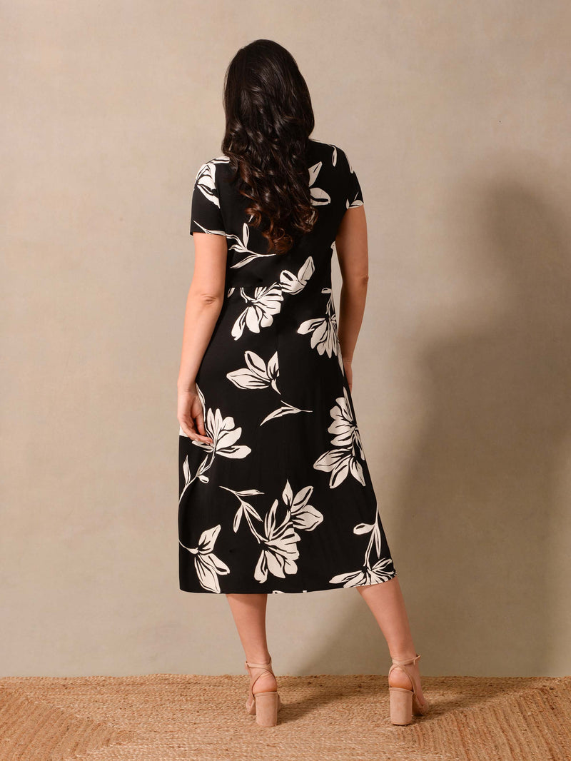 Mono Floral Print Short Sleeved Midi Dress