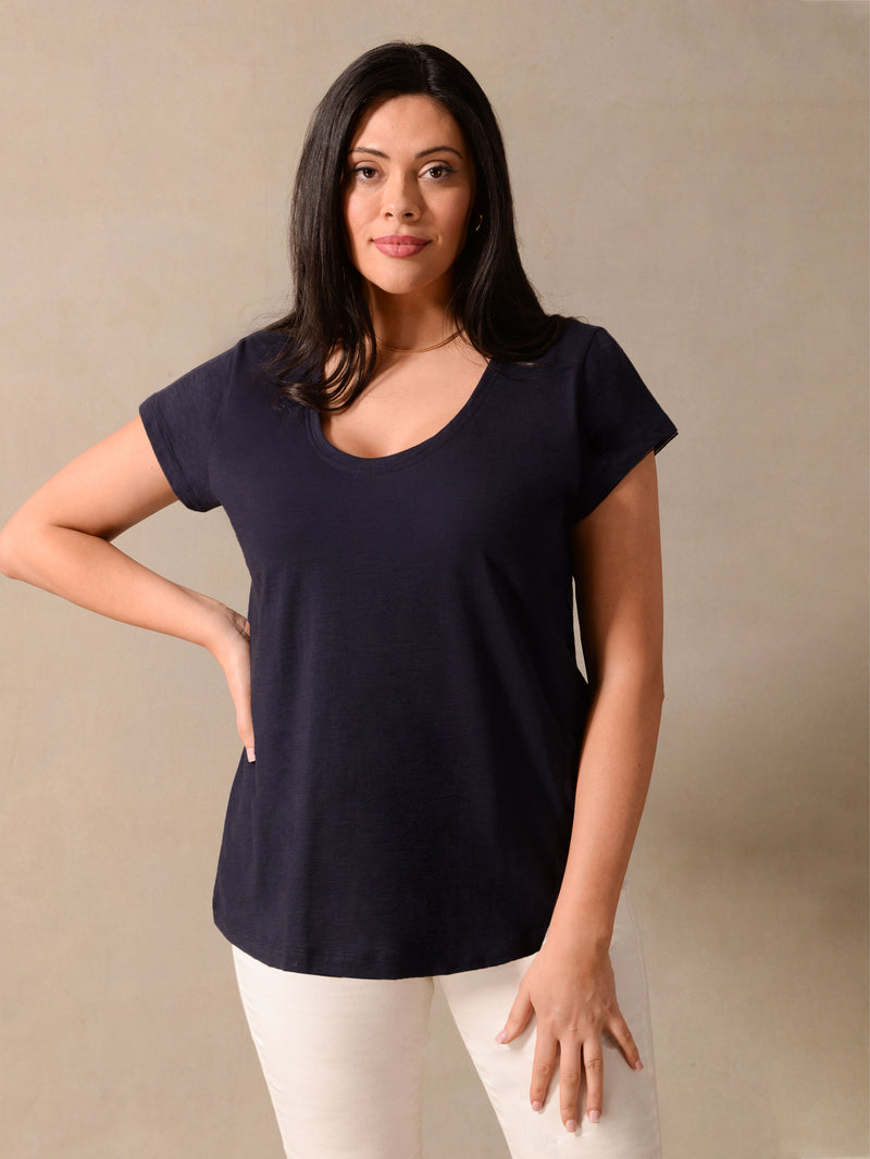Navy Cotton Textured Scoop Neck Jersey T-Shirt