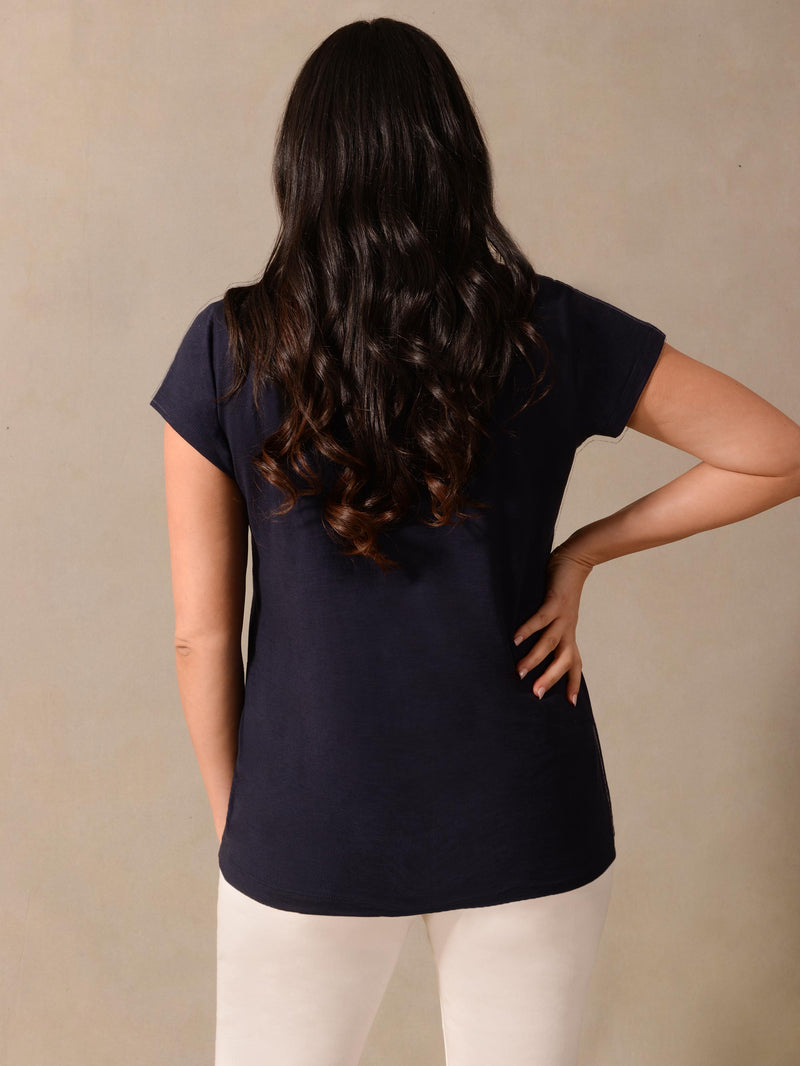 Navy Cotton Textured Scoop Neck Jersey T-Shirt