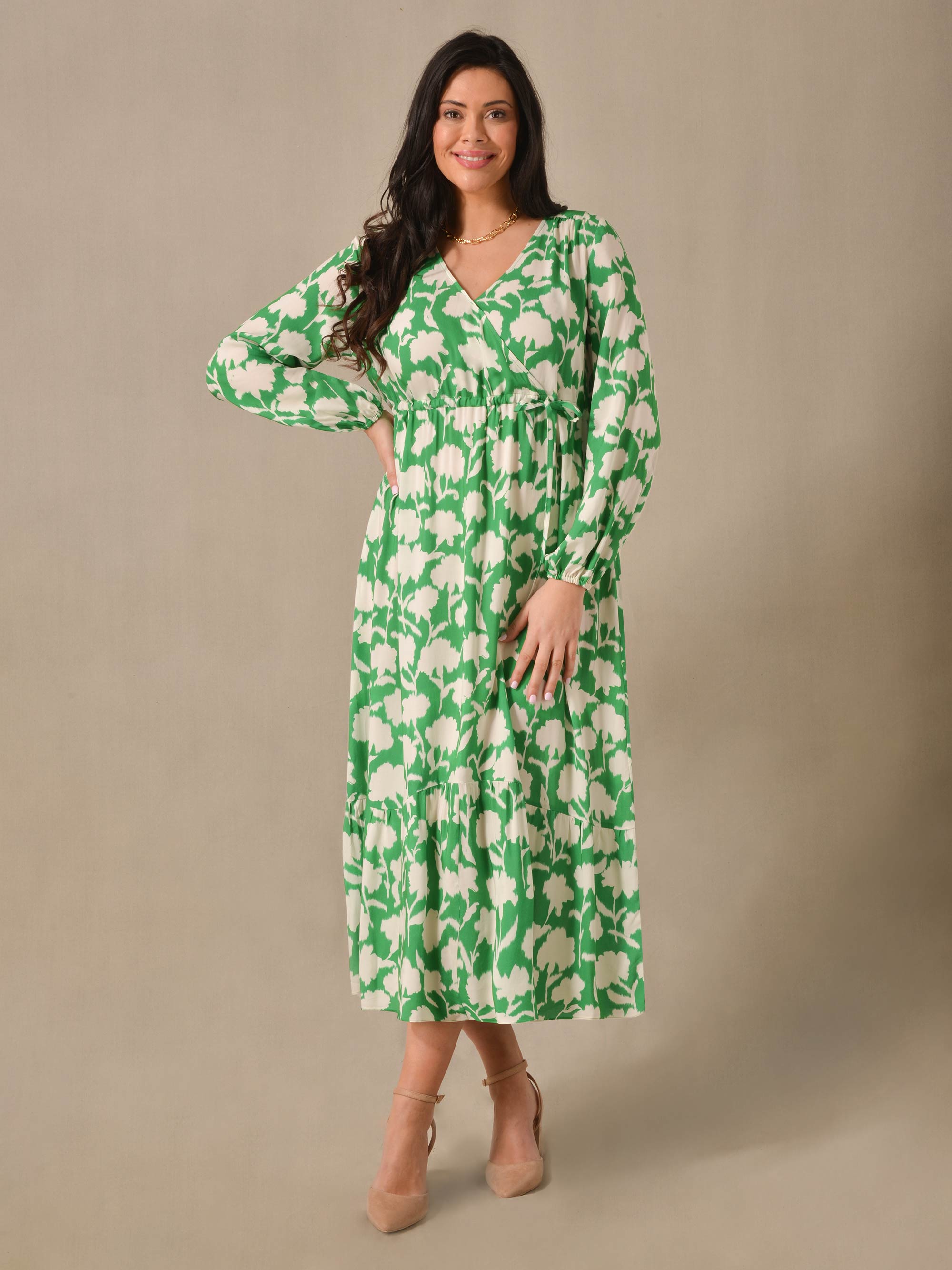 Green Floral Print Wrap Drawstring Maxi Dress