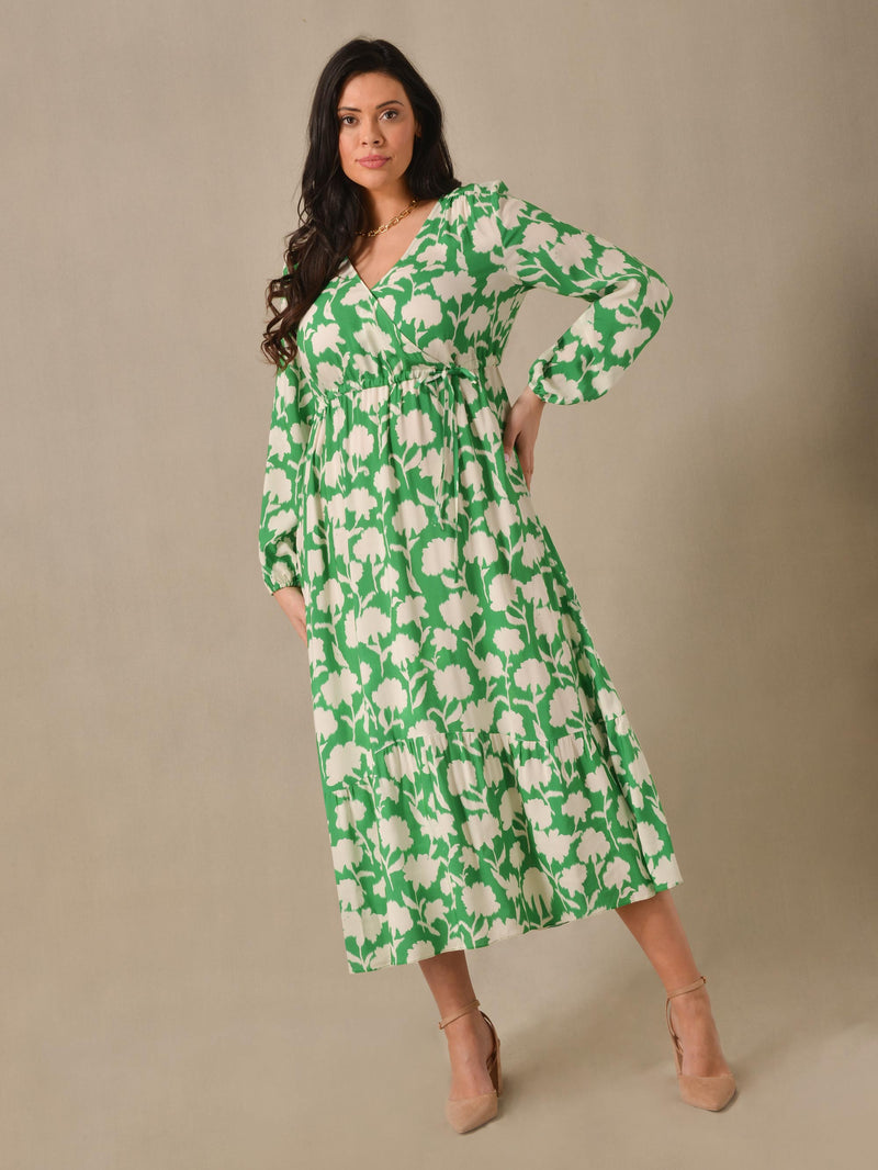 Green Floral Print Wrap Drawstring Maxi Dress