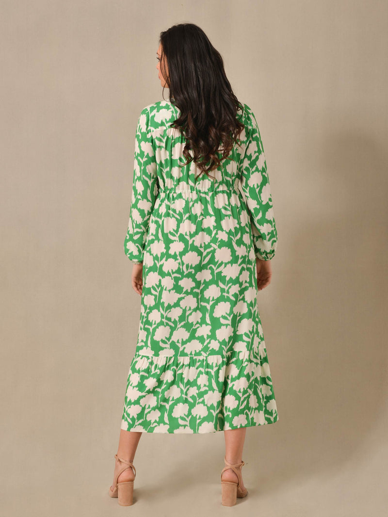 Green Floral Print Wrap Drawstring Maxi Dress