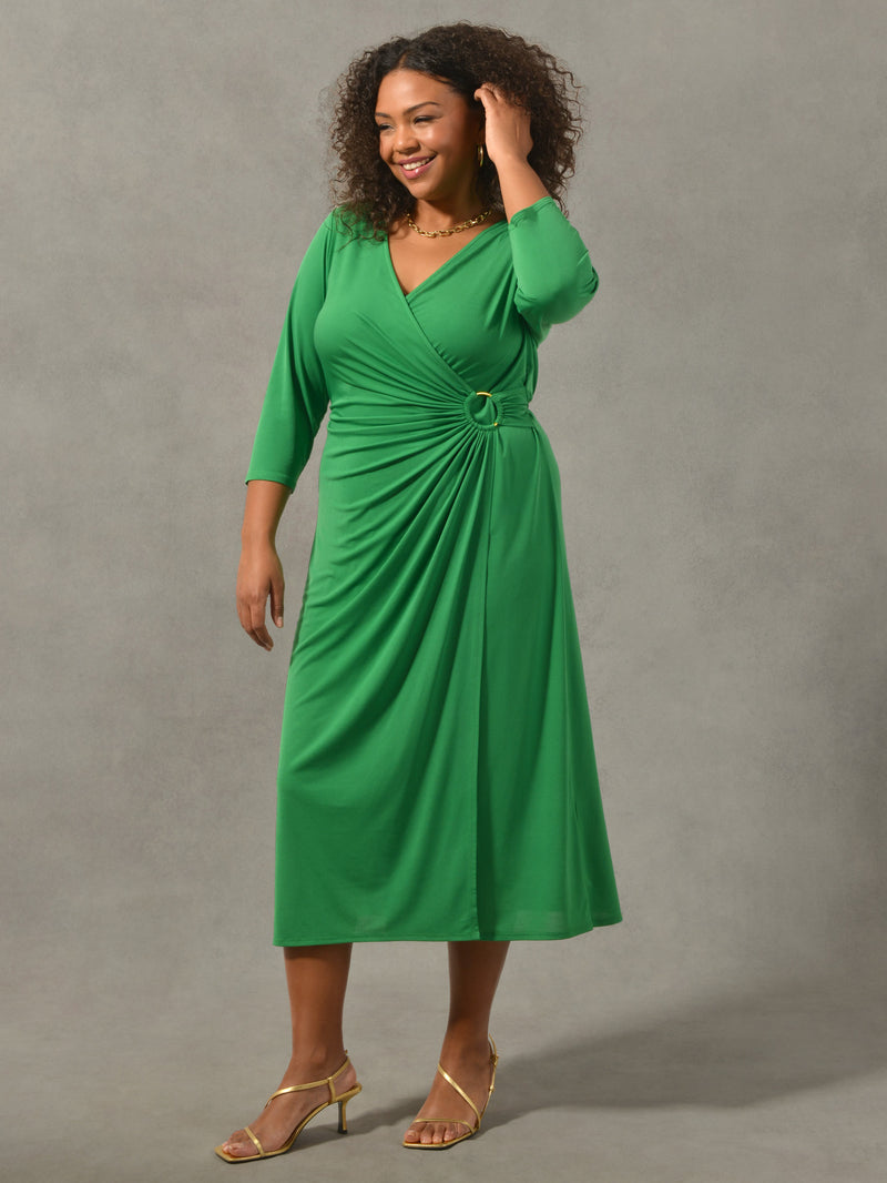 Green Wrap Gold Ring Side Midaxi Dress