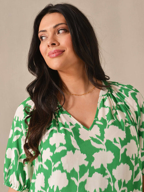 Green Floral Print Short Sleeve Blouse