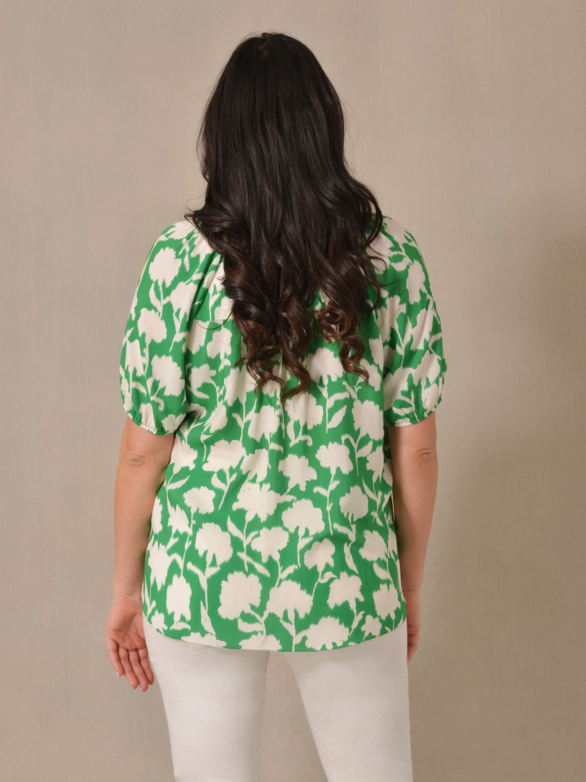 Green Floral Print Short Sleeve Blouse