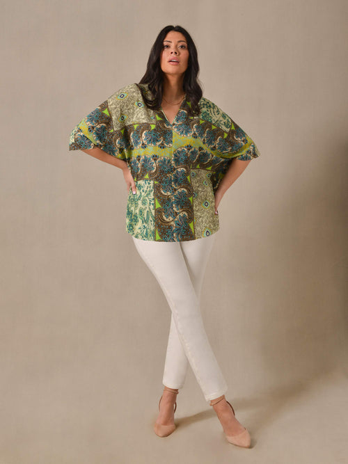 Green Tile Print Batwing Blouse