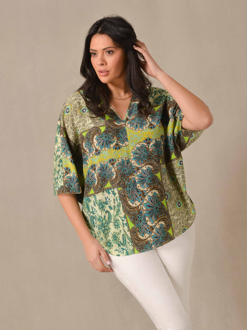 Green Tile Print Batwing Blouse