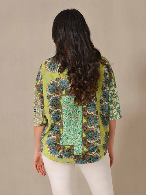 Green Tile Print Batwing Blouse