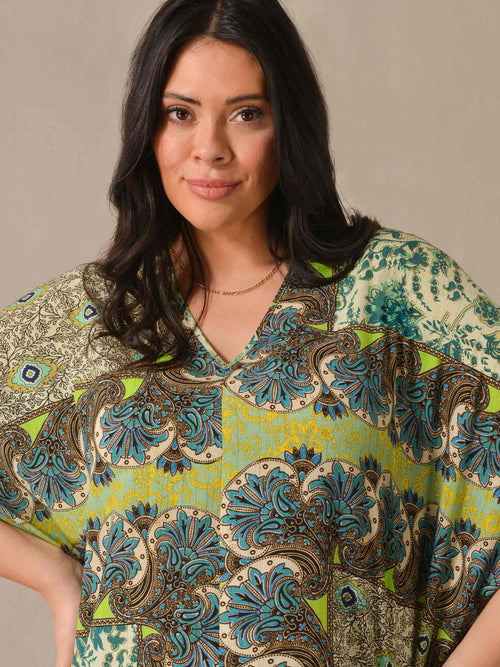 Green Tile Print Batwing Blouse