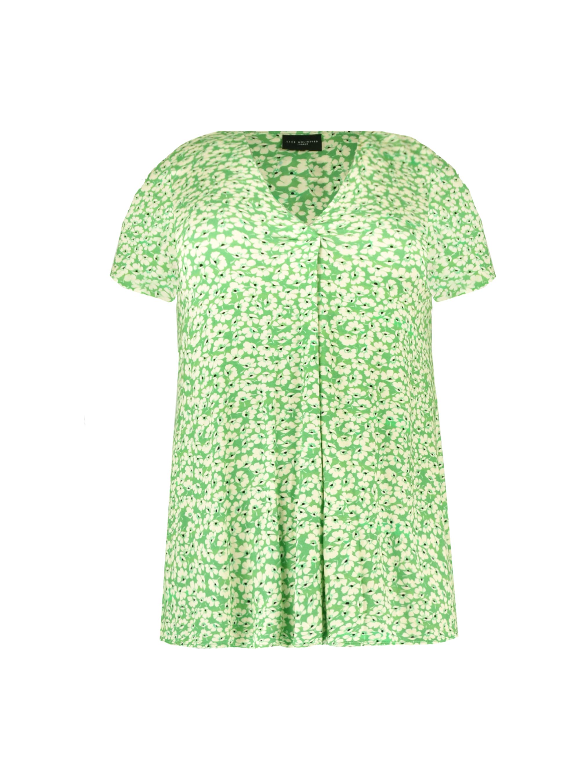 Green Ditsy Short Sleeve Pleat Front Jersey Top