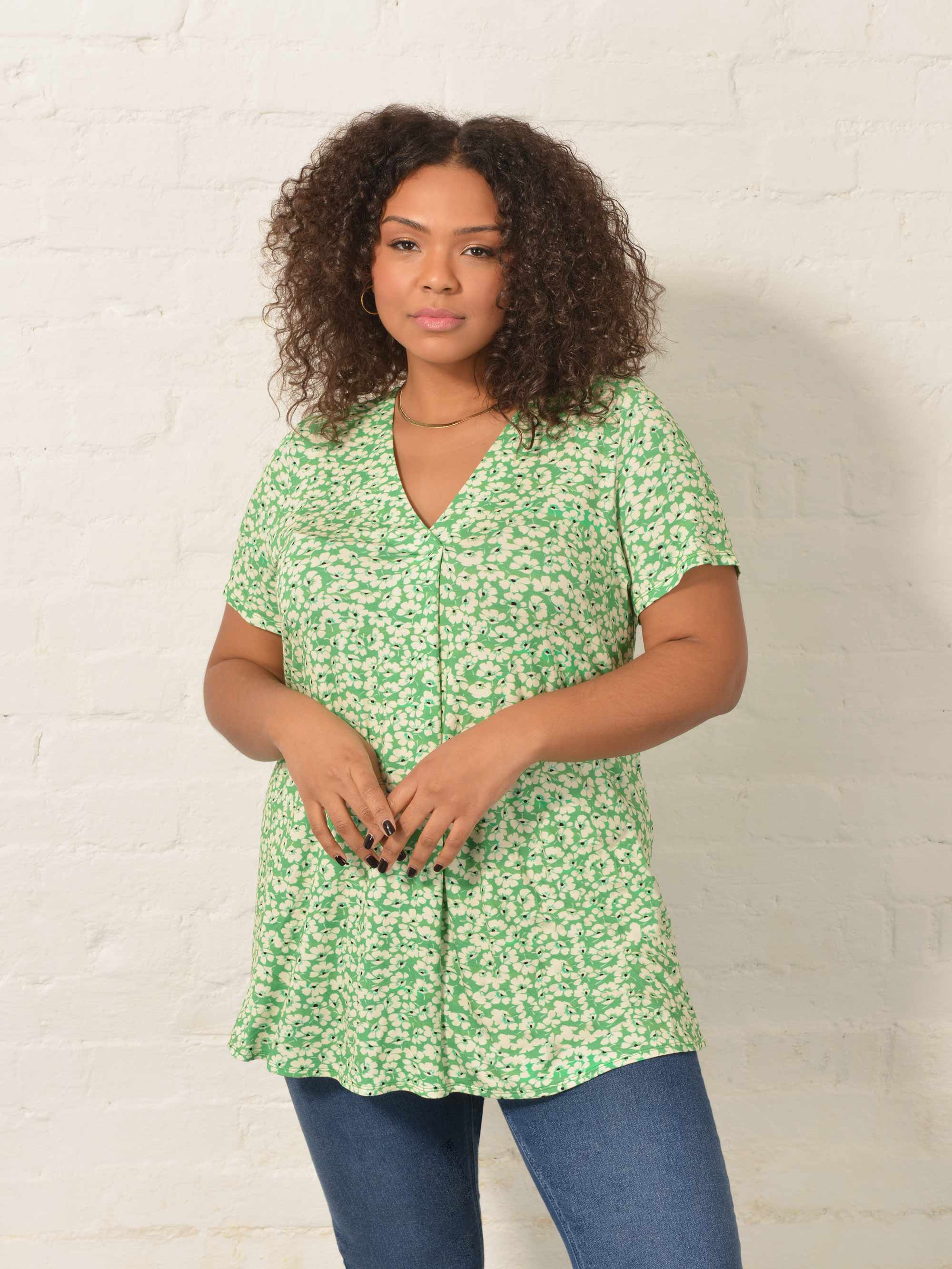Green Ditsy Short Sleeve Pleat Front Jersey Top