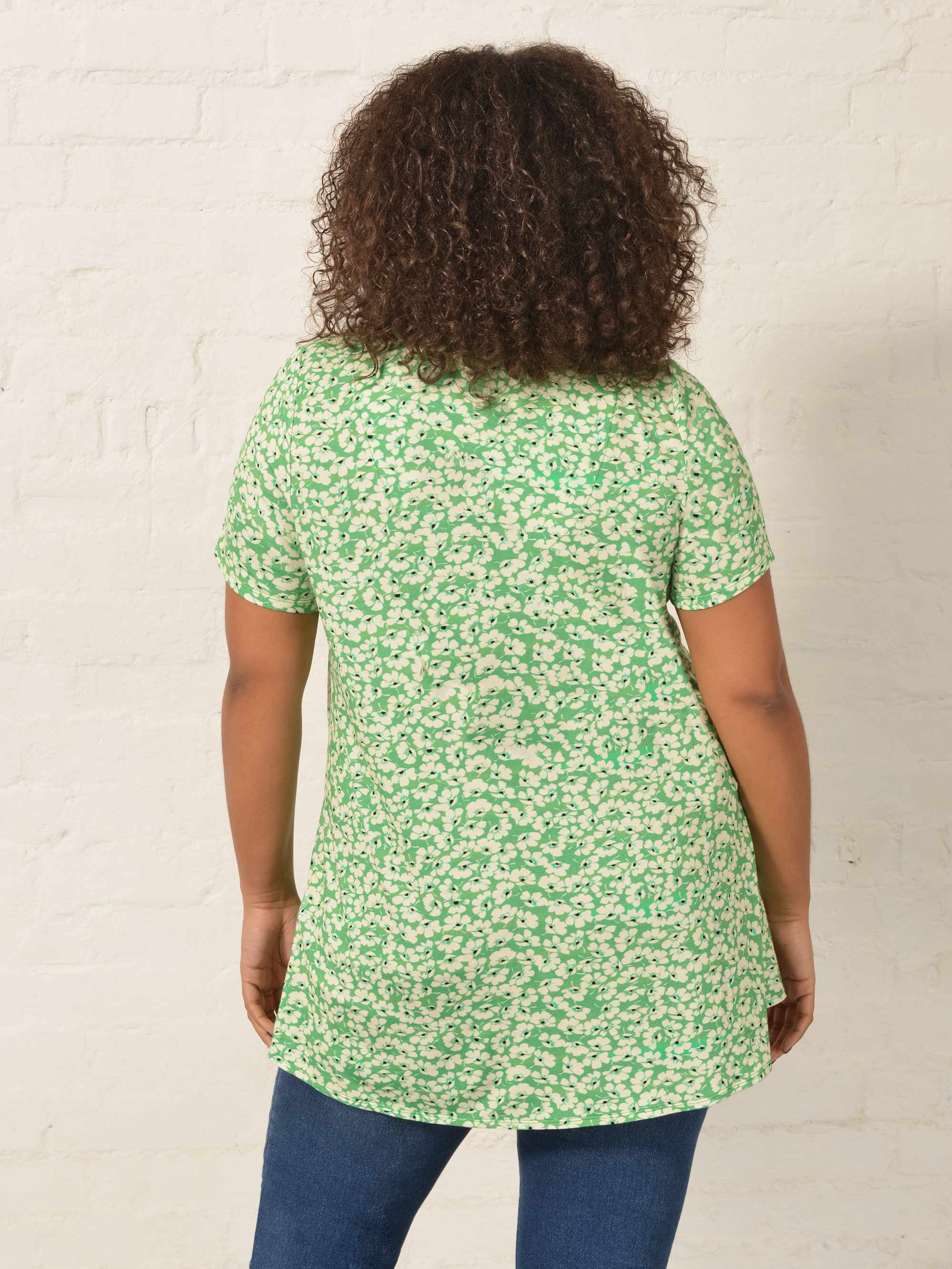 Green Ditsy Short Sleeve Pleat Front Jersey Top