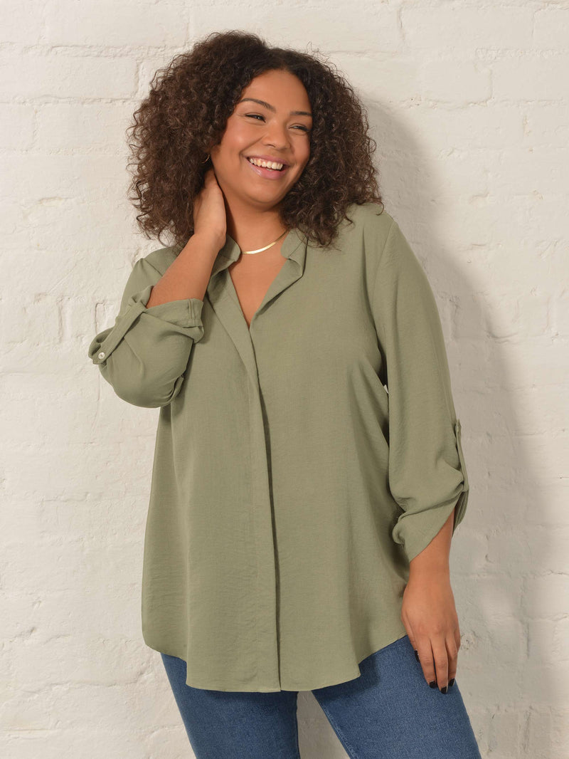 Khaki Roll Tab Sleeve Blouse