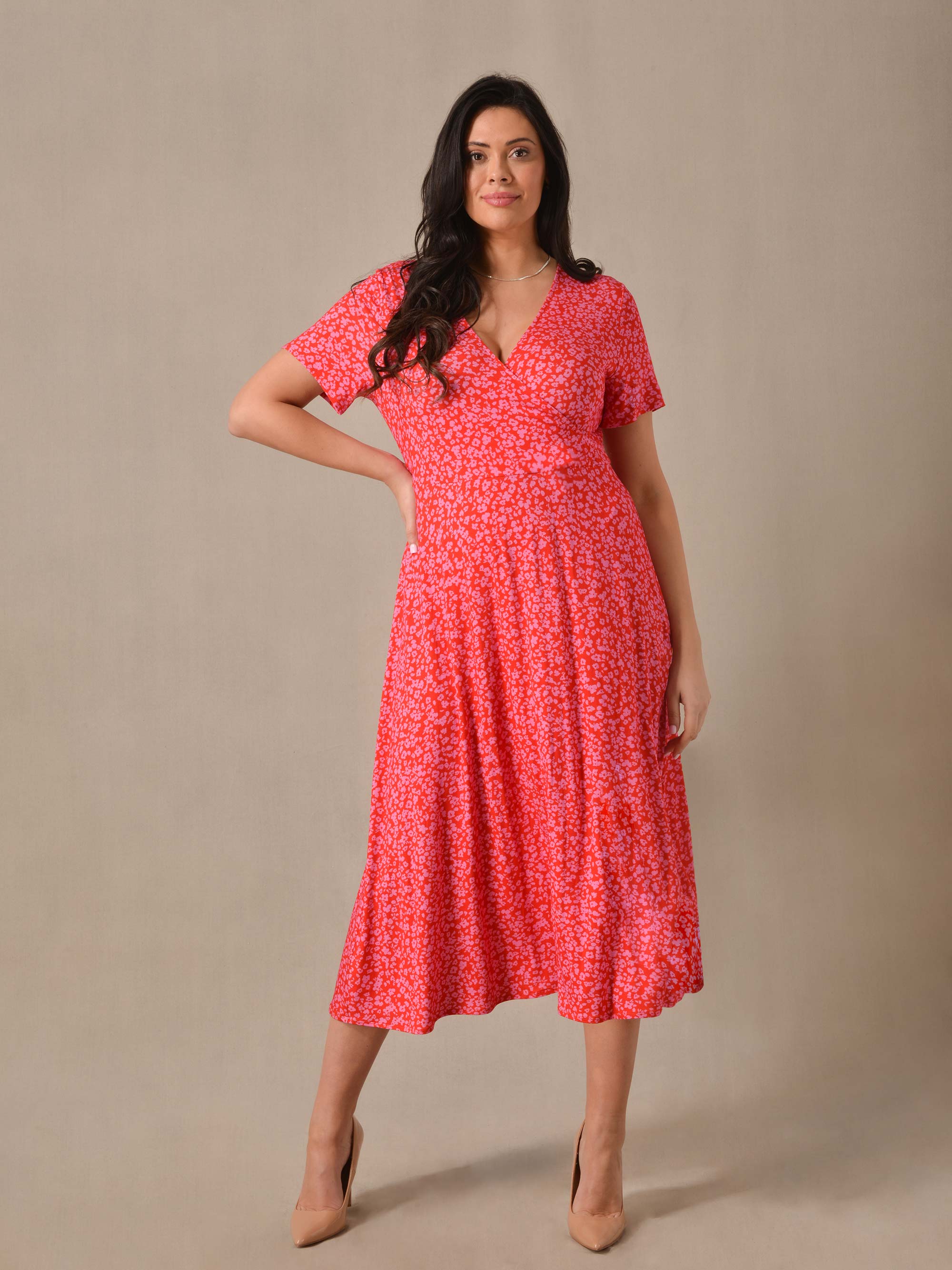 Red & Pink Ditsy Print Wrap Jersey Midaxi Dress