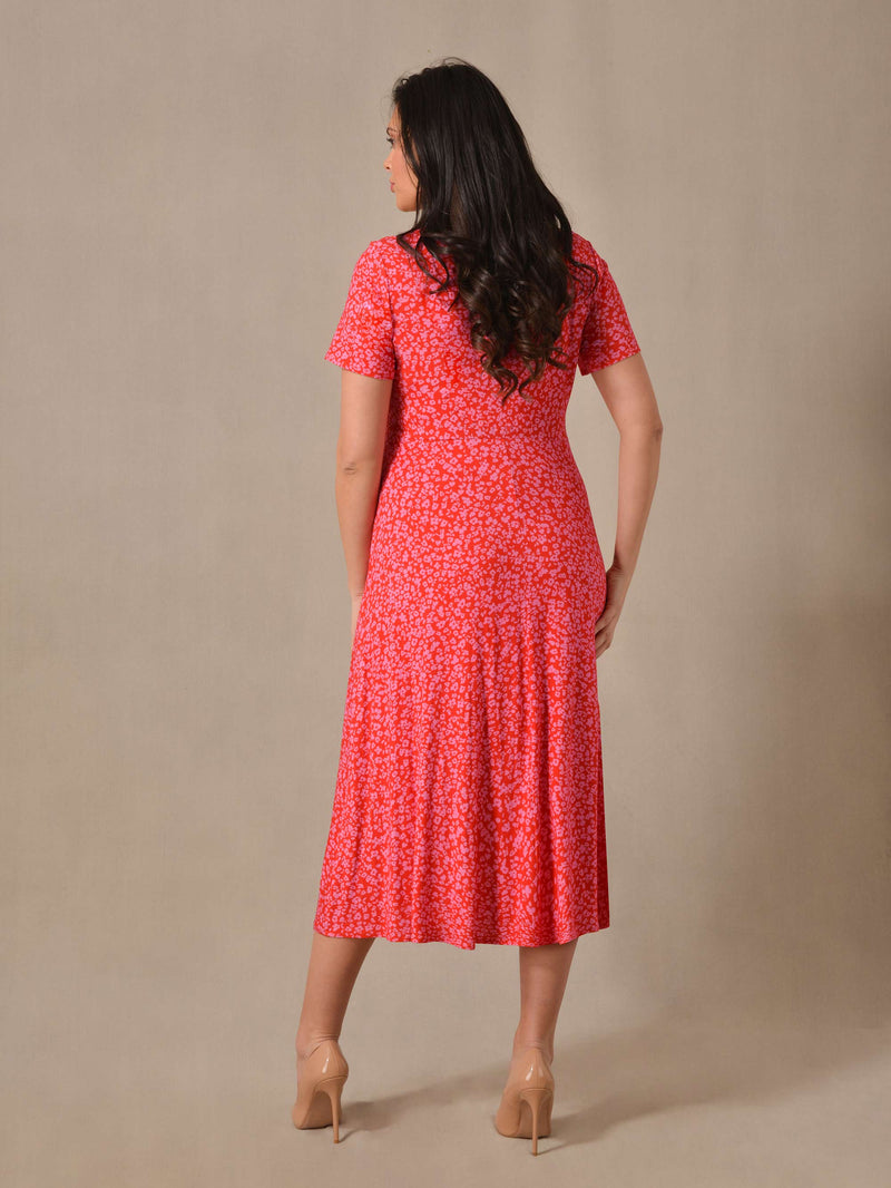 Red & Pink Ditsy Print Wrap Jersey Midaxi Dress