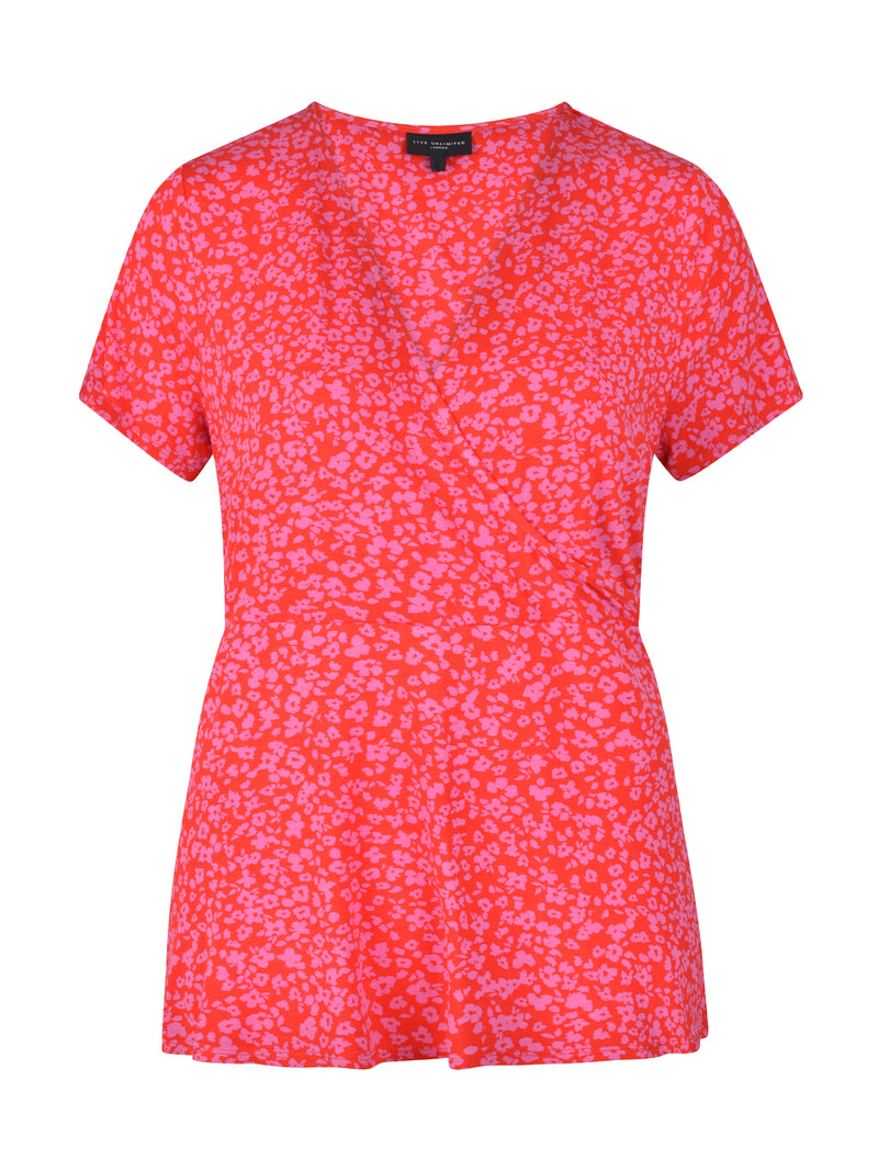 Red & Pink Ditsy Print Wrap Jersey Top