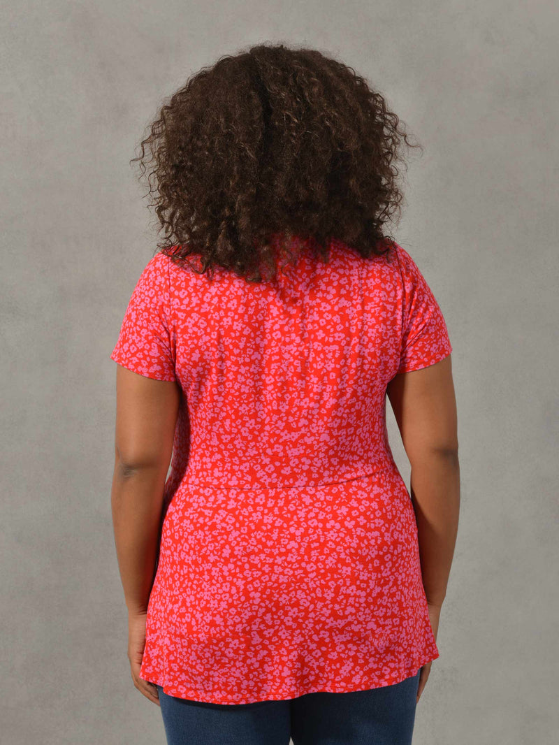 Red & Pink Ditsy Print Wrap Jersey Top